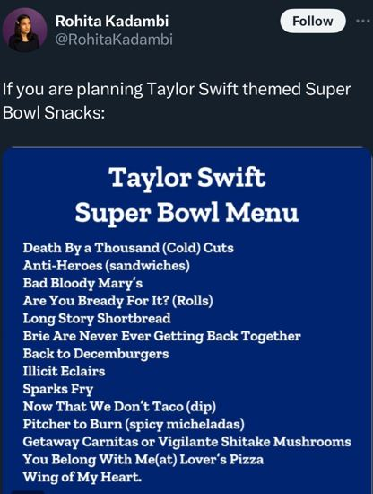 There is a Taylor Swift Super Bowl Menu!