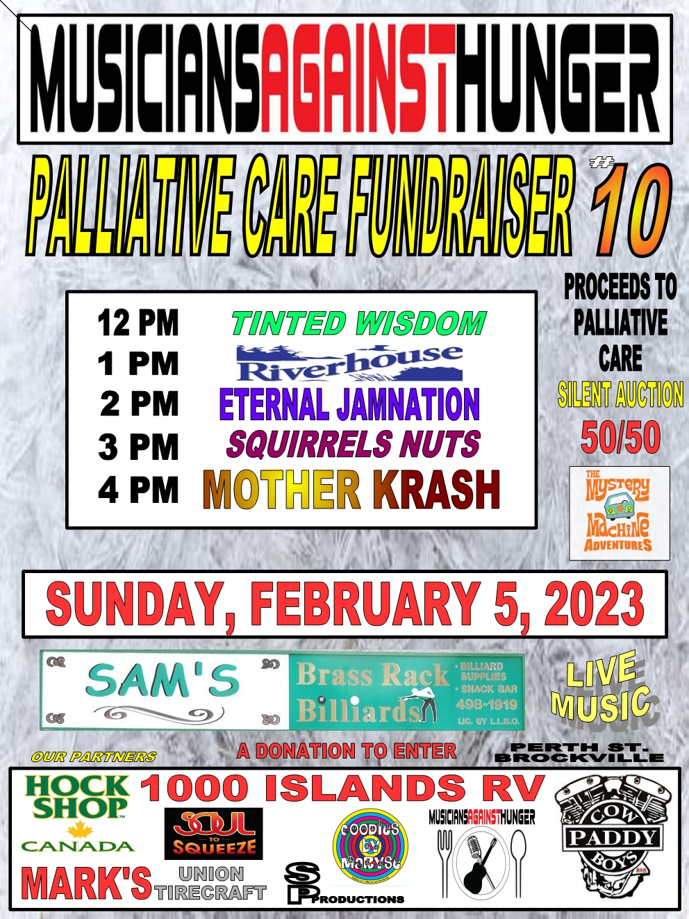 Musicians against Hunger have a fundraiser for Palliative Care this Sunday at Sam's Brass Racks
