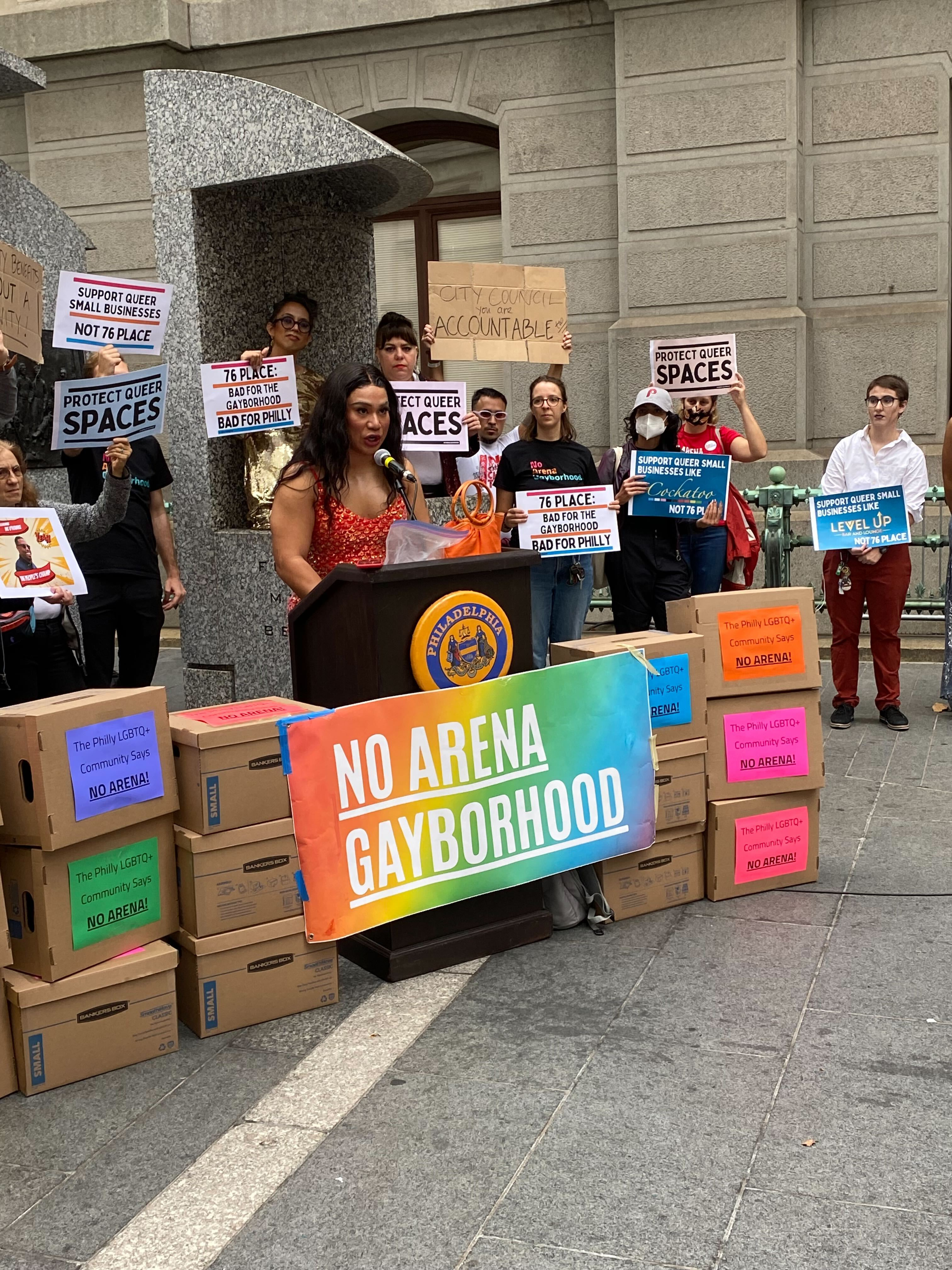 Gayborhood group protests at City Hall in opposition to Sixers' Center City arena