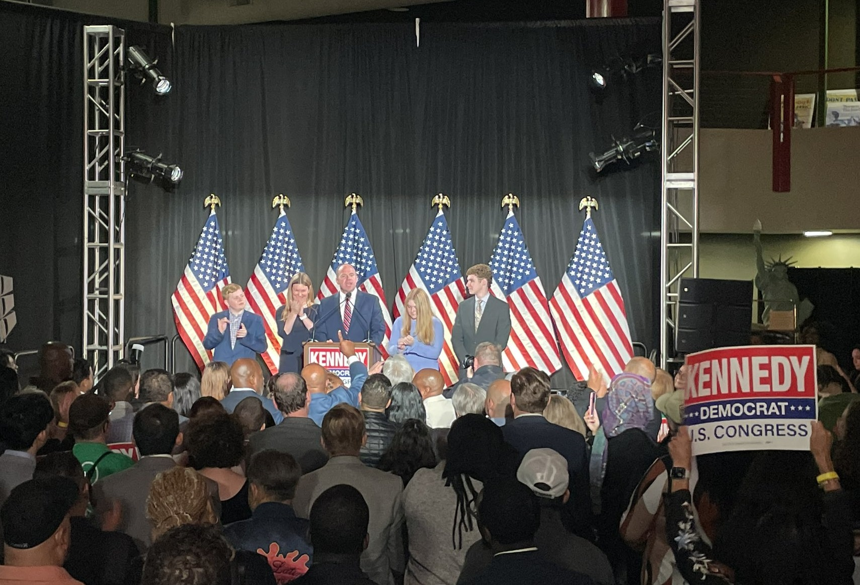 Congressman-elect Tim Kennedy addresses the crowd assembled at his headquarters at the Pierce Arrow Museum following his victory in the NY-26 special election