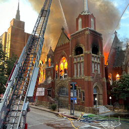 KRLD reports live from a huge fire at First Baptist Church in downtown Dallas