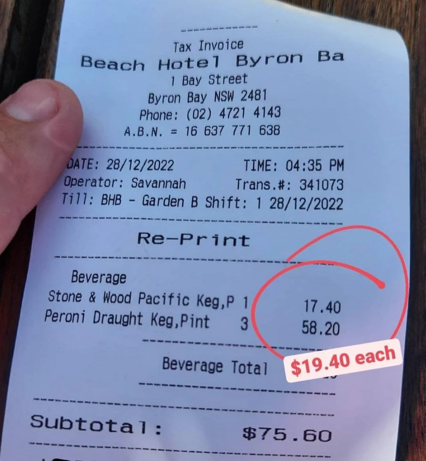 The eyewatering price for a pint of beer at a Byron pub