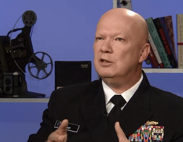 Rear Adm. Jeffrey A. Harley, president of the Naval War College, in the studios of R.I. PBS