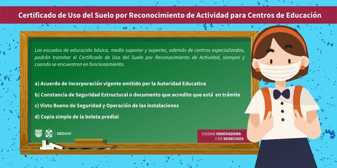 Autoridad Educativa para tramitar el Certificado de Uso de Suelo por Reconocimiento de Actividad: SEDUVI CDMX